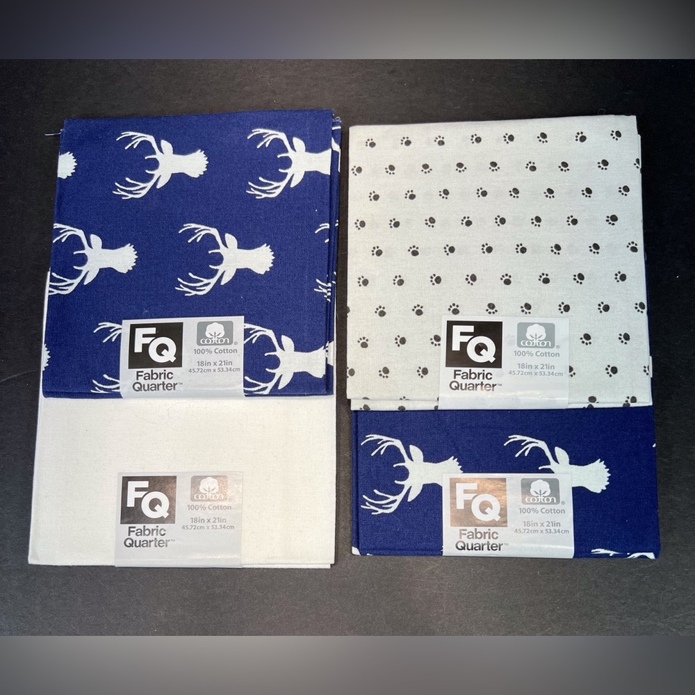 JoAnn Fabrics - Cotton Quarters Blue, White‎ Deer Print Fat Quarter Lot of 4 NWT